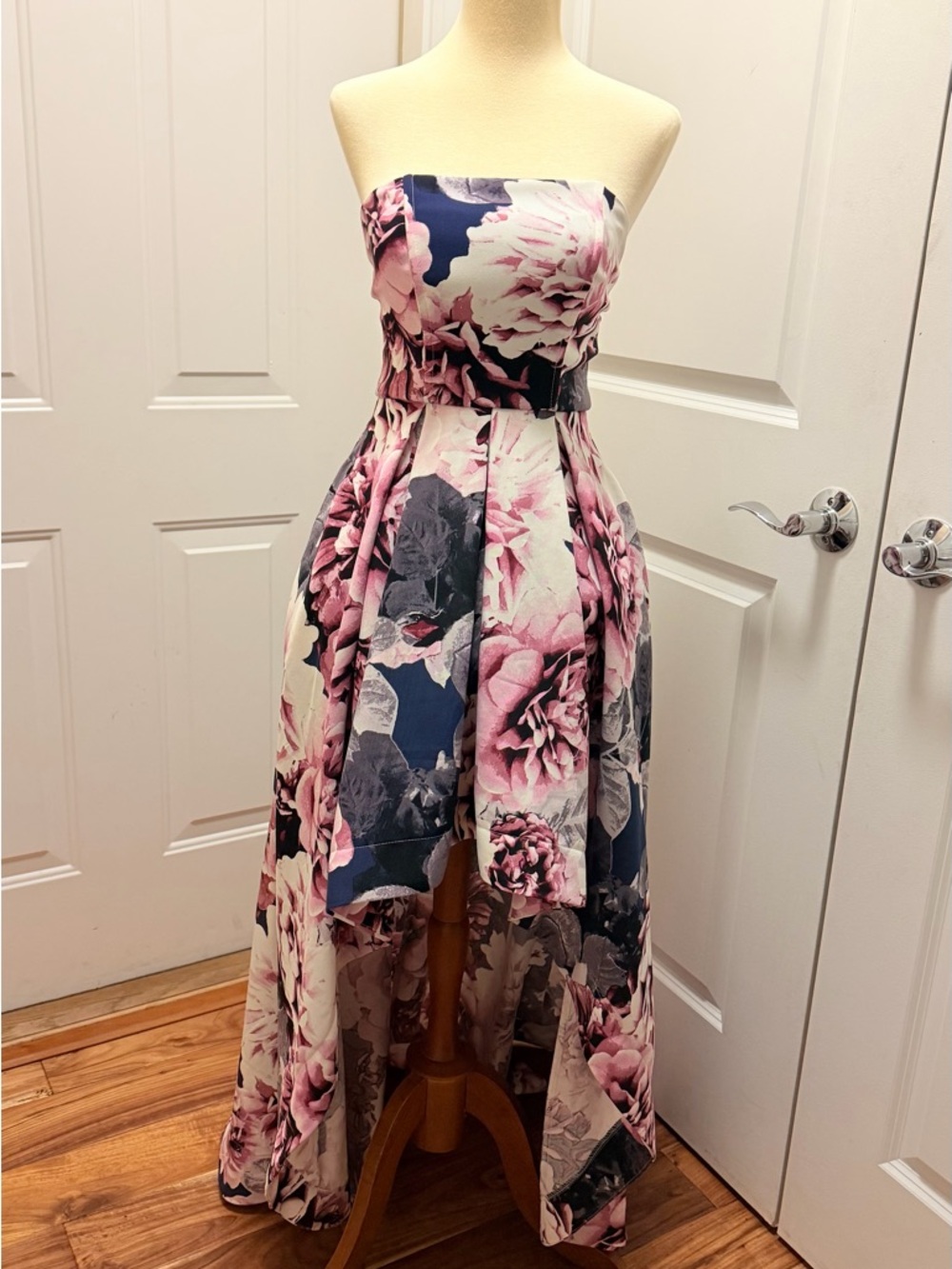 Speechless Strapless High-Low Floral Dress in Pink, Navy, and Cream